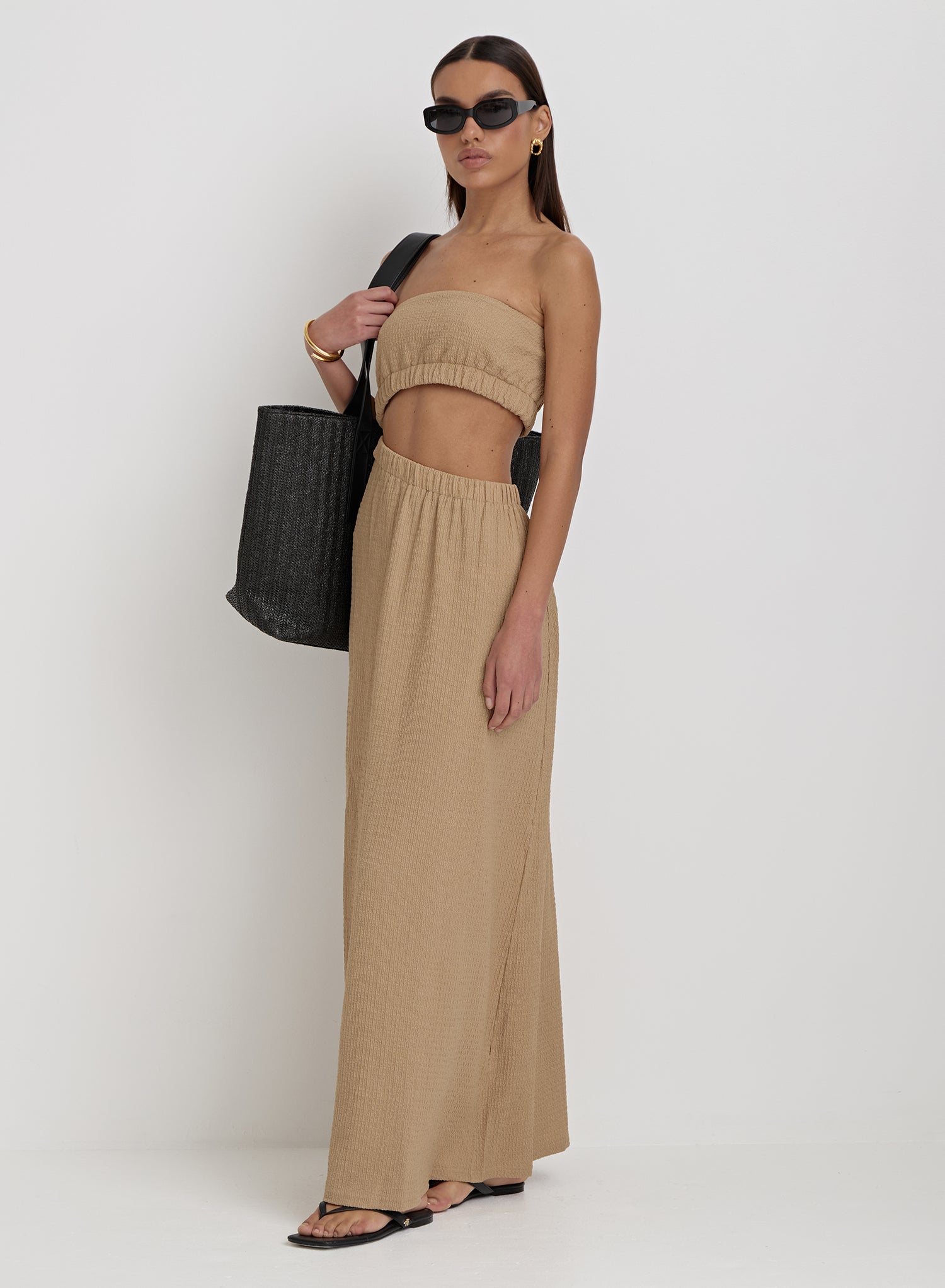 Camel Textured Cut Out Bandeau Maxi Dress